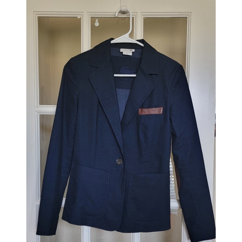 Lacoste Women's Navy Blazer Jacket Faux Leather‎ Elbow Patch Size 34 XXS